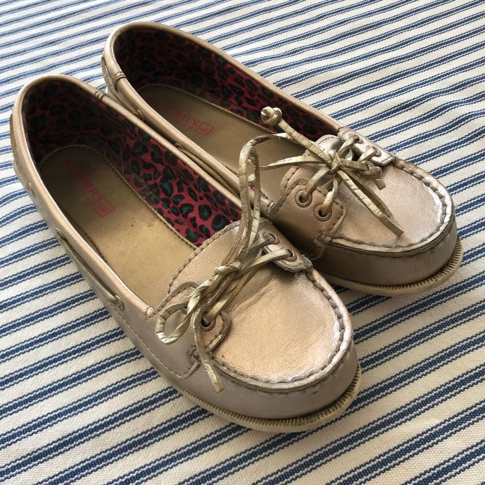 Girls Sperry Metallic Gold Leather Boat Shoes 3